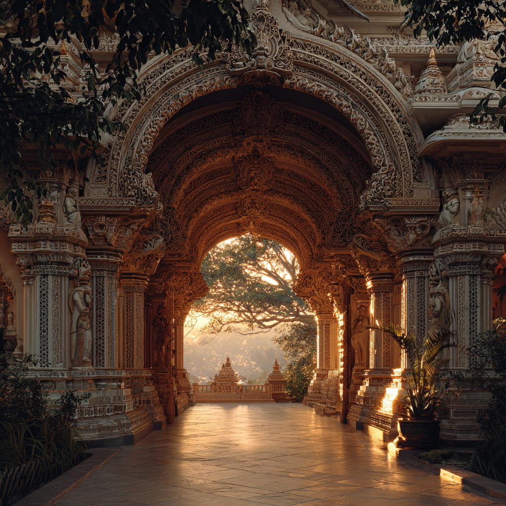 A captivating image of an ancient temple gopuram showcasing intricate detail a landmark on the chicken road of devotion